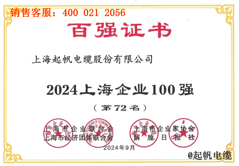 2.起帆電纜入圍2024年上海企業100強第72名